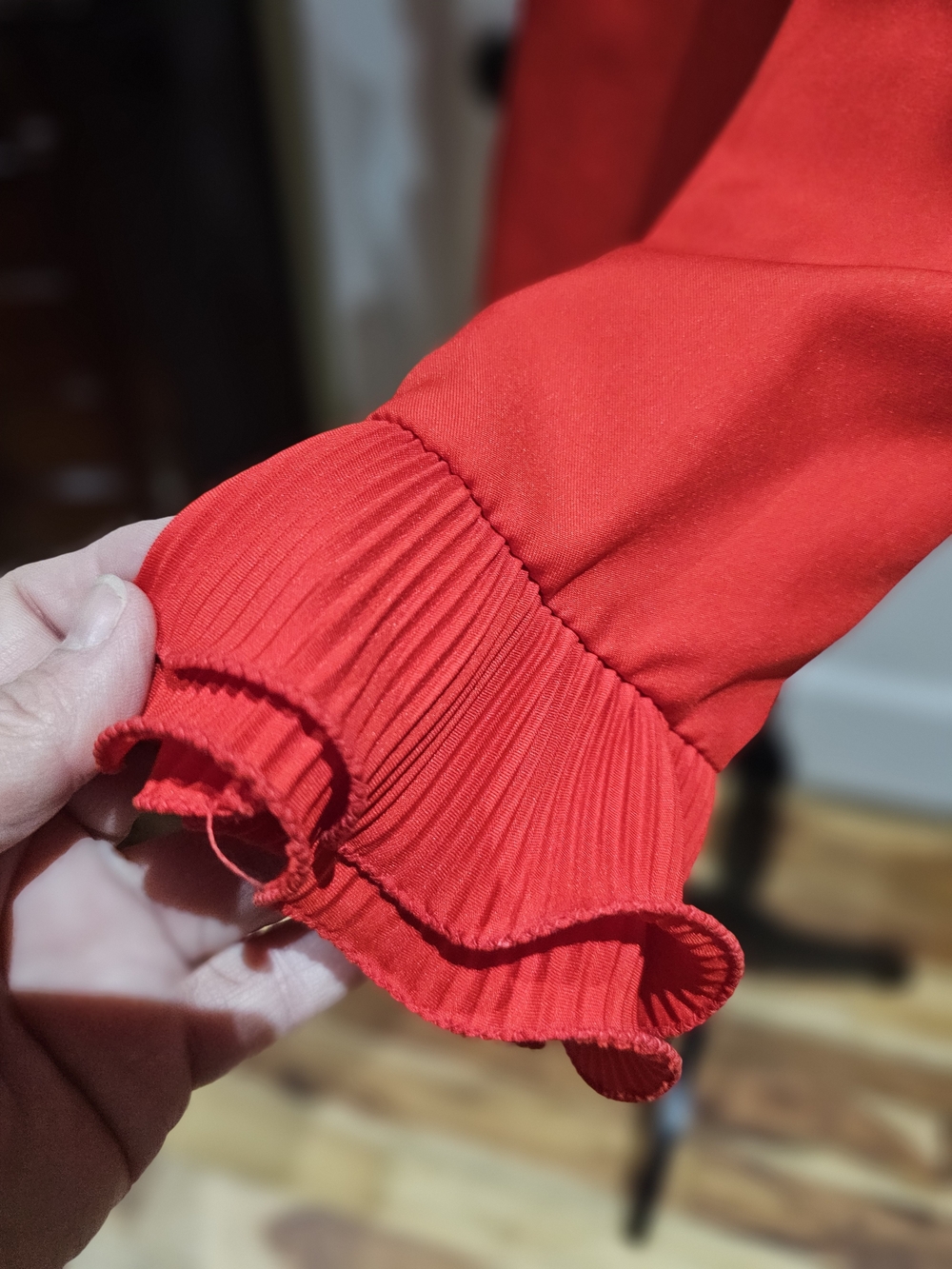 Women's Red Ruffle V-Neck Button Front Blouse - Picture 5 of 10